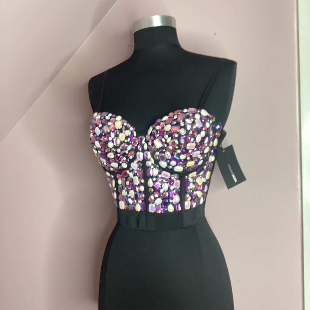 Black Bustier with Multicolor Gem Embellishments